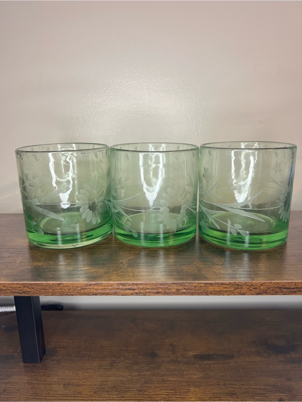 Set of 3 Vintage bobby flay Etched Floral Green Glass Old Fashioned Glasses